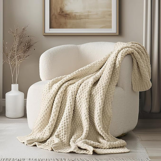 Chunky Chenille Knit Throw Blanket for Couch, Soft Luxurious Moss Stitch Blankets for Bed, Cozy Decorative Farmhouse Knitted Throws for Sofa, Beige, 50" x 60"