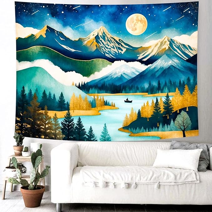 Delur Mountain Tapestry Boho Moon Stars Starry Night Tapestry Wall Hanging Forest Tree Nature Landscape Psychedelic Headboard for Bedroom Living Room Home Decor (59.1" x 78.7")