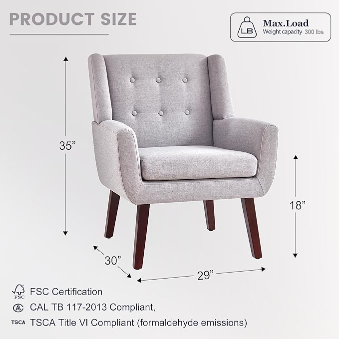 HUIMO Button-Tufted Accent Chairs Set of 2,Upholstered Reading Living Room Chair,Mid Century Modern Chair with Linen Fabric, Club Chair,Comfy Arm Chairs for Living Room,Bedroom,Light Grey