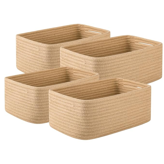 4 Pack Small Storage Shelf Baskets for Organizing, Mini Woven Rope Storage Bins for Towels, Cute Decorative Closet Organizer,Baby Nursery, Gift Empty Baskets -11.81''Lx7.87''Wx4.72''H-Jute