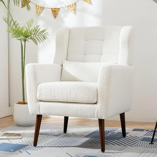 Modern Accent Chair, Upholstered Armchair with Pillow, Teddy Single Sofa Chair with Lounge Seat and Wood Legs Accent Chair for Living Room Bedroom Small Spaces