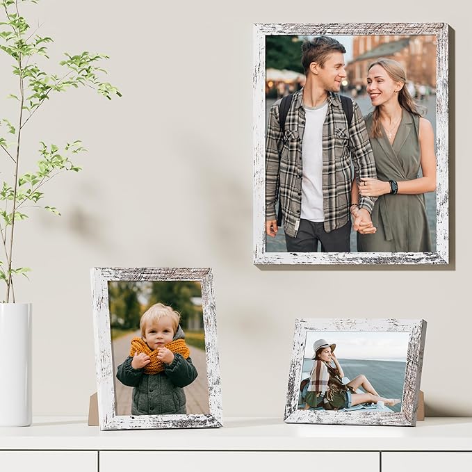 Vittanly 11x14 Picture Frames Set of 9, Shatter Resistant Plexiglass, Display 8x10 Pictures with Mat or 11x14 without Mat, Photo Frames for Wall or Tabletop, Engineered Wood, Distressed White