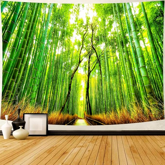 Delur Forest Pathway Tapestry Sunset Tropical Rainforest Nature Tree Tapestry Wall Hanging Sunrise Scenic Natural Green Landscape Headboard for Bedroom Living Room Home Decor (59.1" x 78.7")