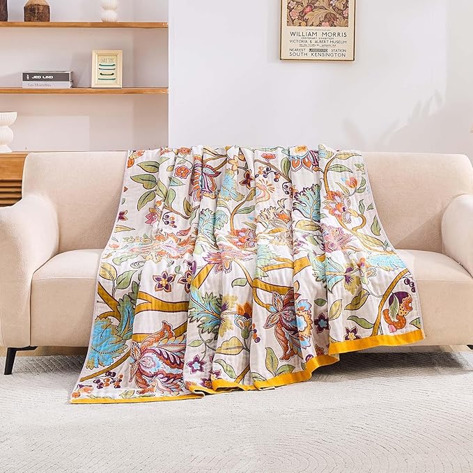 Boho Throw Blanket for Bed, 100% Cotton Soft Rustic Quilt Fall Blanket, 80"x90" Floral Printed Farmhouse Decor Bed Blankets, All Season Rustic Reversible Bohemian Throw Quilt