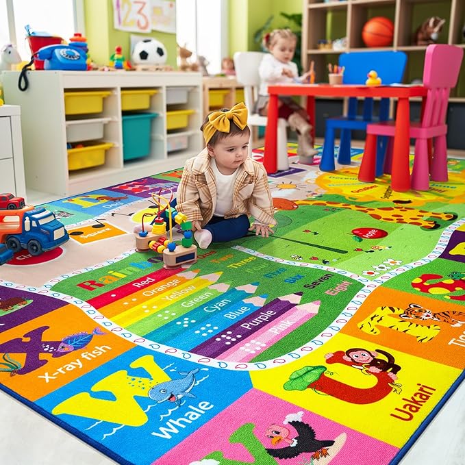 6x9 Playroom Rugs for Kids Washable, Educational and Fun Playmat with ABC Alphabet Animals Shapes Colors, Non-Slip Play Mat Learning Rugs for Baby Toddler Children Game Activity