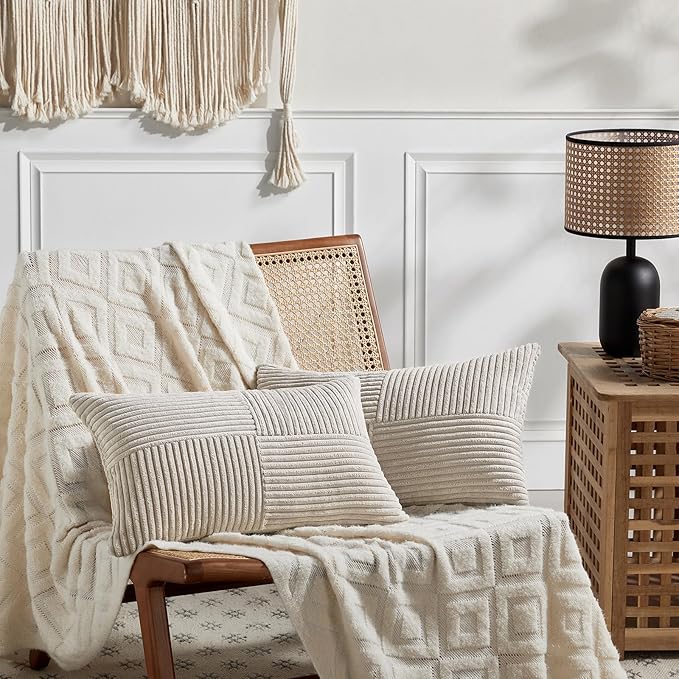 Fancy Homi 2 Packs Neutral Taupe Lumbar Decorative Throw Pillow Covers 14x24 Inch for Living Room Couch Bed Sofa, Farmhouse Home Decor, Soft Striped Corduroy Rectangle Accent Cushion Case 35x60 cm