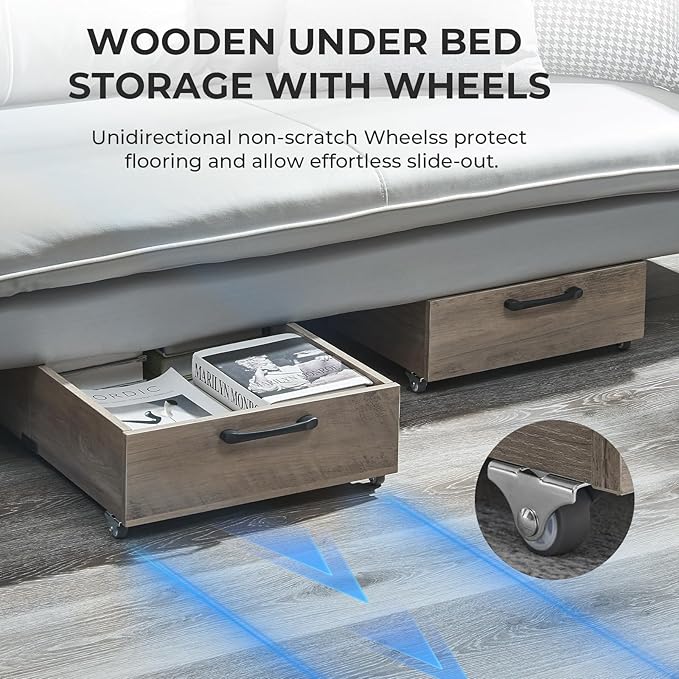 Under Bed Storage with Wheels, 2-Pack Under Bed Shoe Storage Organizer Drawer, Composite Wood Organizer for Shoes Clothes Containers in Bedroom for Clothes,Shoes(Grey)