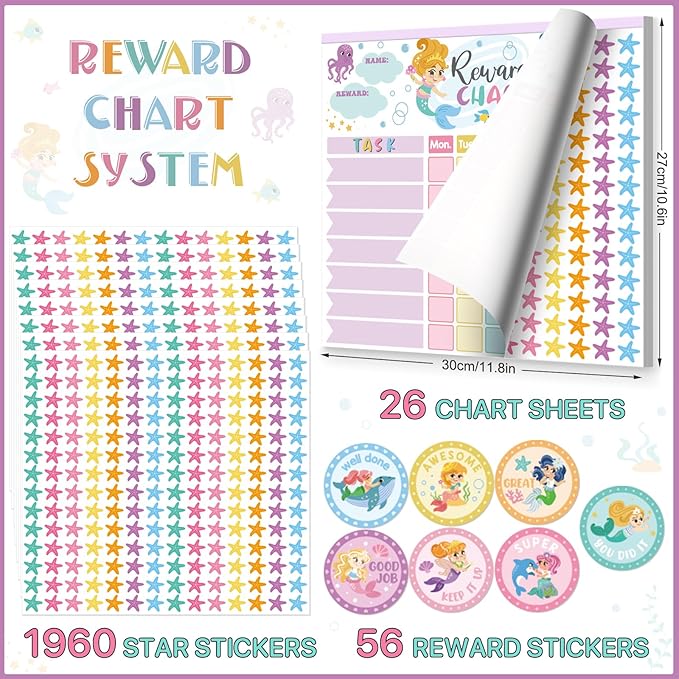 Reward Chart for Kids,Magnetic Behavior Chore Chart for Kids at Home,26 Mermaid Chore Charts,1960 Diamond Stickers,56 Reward Stickers,Incentive Chart to Develop Responsibility and Good Habits,Mermaid