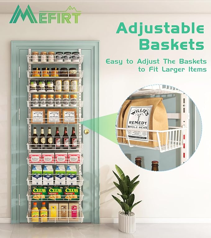 White 10-Tier Over The Door Pantry Organizer, Pantry Organization and Storage, Metal Hanging Adjustable Basket, Wall Spice Rack Seasoning Shelves, Home & Kitchen Essentials