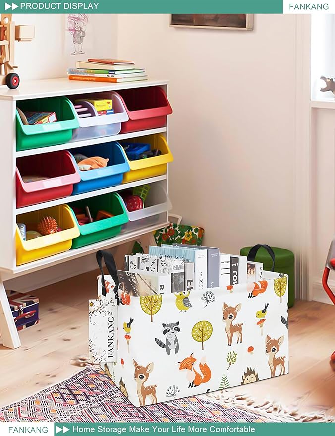 FANKANG Storage Bins, Nursery Hamper Canvas Laundry Basket Foldable with Waterproof PE Coating Large Storage Baskets for Kids Boys and Girls, Office, Bedroom, Clothes,Toys(Rec-deer)