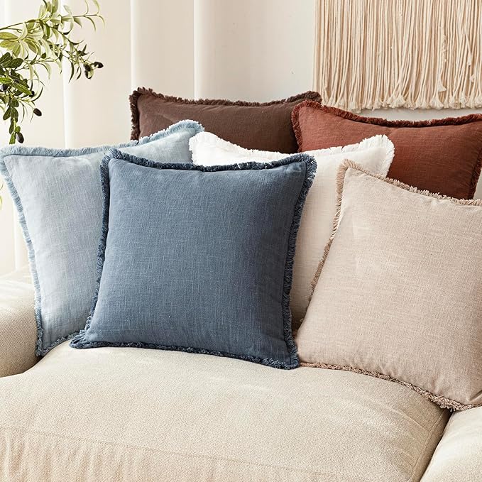 Foindtower Set of 2 Decorative Linen Fringe Throw Pillow Covers Cozy Boho Farmhouse Cushion Cover with Tassels Soft Accent Pillowcase for Couch Sofa Bed Living Room Home Decor,26×26 Inch,Sky Blue