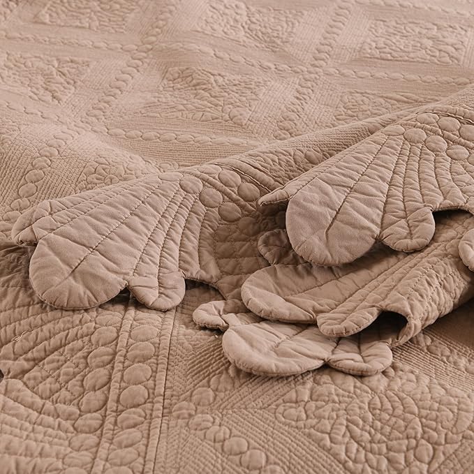 MarCielo 3-Piece 100% Cotton Oversized Bedspread Lightweight Quilt Coverlet Embroidery Farmhouse Bedding Set (TK Pale Taupe Camel, Oversized Queen (100"x106"))