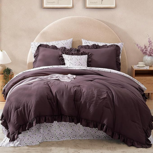 Queen Comforter Set - 7 Pieces Ruffle Purple Bedding Sets, Shabby Chic Farmhouse Bed in a Bag Queen with Ruffle Comforter, Floral Sheets, Pillowcases & Shams