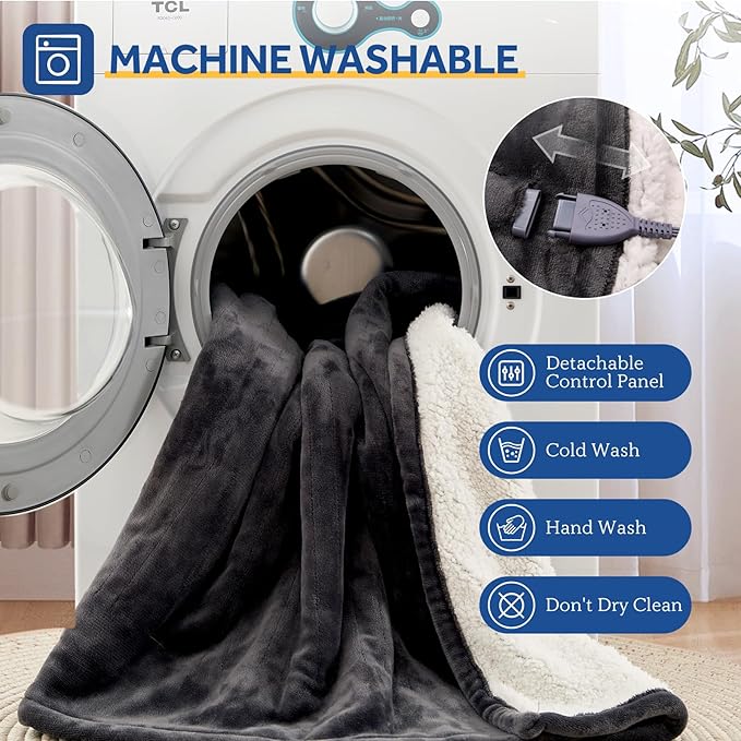 Sealy Electric Blanket Throw Size 50"*60",Super Cozy Flannel to Sherpa Reversible Heated Blanket Throw with 6 Heating Levels & 2-10 Hours Auto Off Overheating Protection Machine Washable,Charcoal