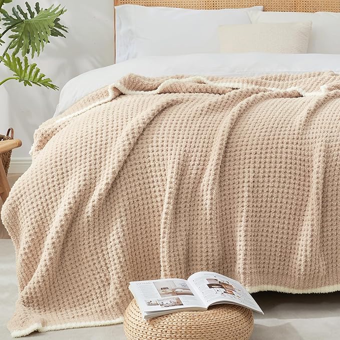 Snuggle Sac Beige Waffle Blanket for Couch Bed Sofa 60x80 inches, Reversible Soft Throw Microfiber Fluffy Fuzzy Cozy Knit Twin Blanket for Women Mothers Birthday Gifts