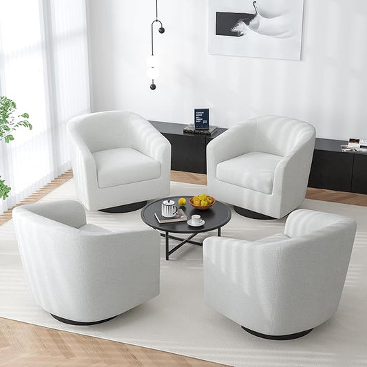 Swivel Barrel Accent Chair, Modern Round Chenille Fabric Arm Chair for Living Room, Bedroom, Comfy Club Reading Chairs for Adults(Chenille Fabric, Beige, Set of 4