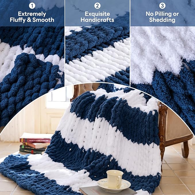 Chunky Knit Blanket - Luxury Soft Cozy 60 * 80 Throw Blanket,100% Woven Blanket Rope Knot Throw Blanket for Couch, Sofa, Home Decor, Gift - Machine Washable(White/Deep Blue)