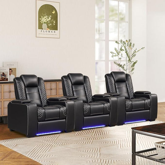 ANJ Power Theater Recliners Set of 3, Electric Home Theater Seating, Black Faux Leather Recliner with Adjustable Headrest, Movie Recliner Theater Chairs with LED,USB, Cup Holders, Hidden Arm Storage