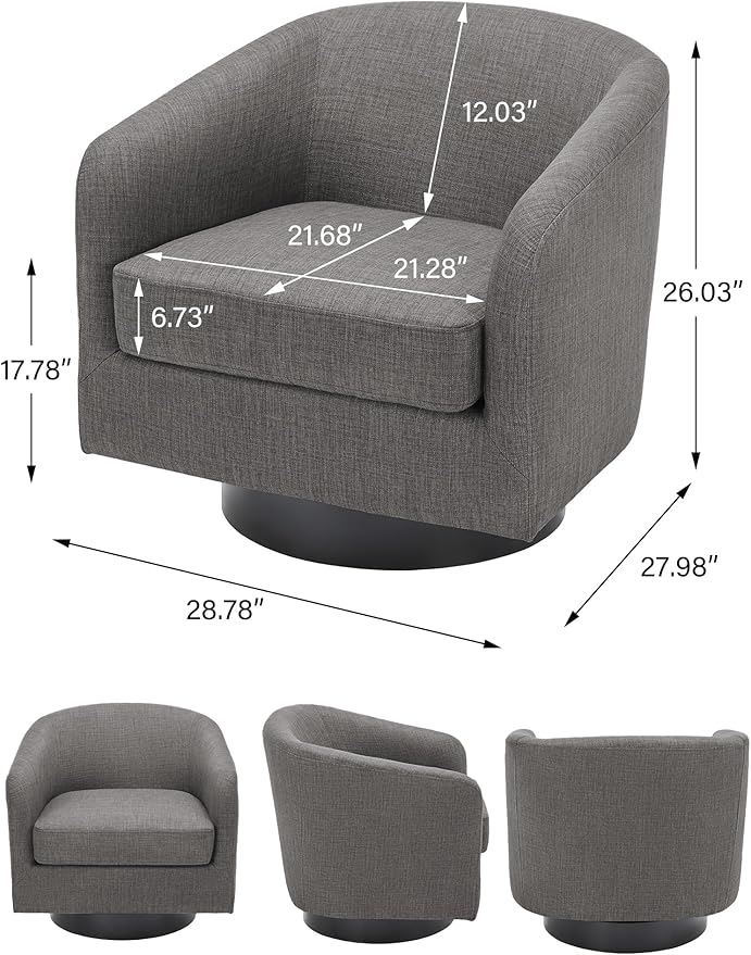Swivel Barrel Accent Chair, Modern Round Linen Arm Chair for Living Room, Bedroom, Comfy Club Reading Chairs for Adults(Linen Fabric, Grey, Set of 1