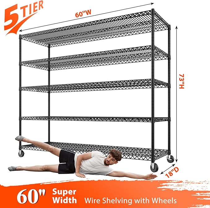 REIBII Storage Shelves 3200 LBS Capacity Wire Shelving with Wheels Heavy Duty Metal Shelf for Warehouses, Garage,Kitchens, School,Commercial Shelf, 73" H X 60" W X 18" D, 2 Pack