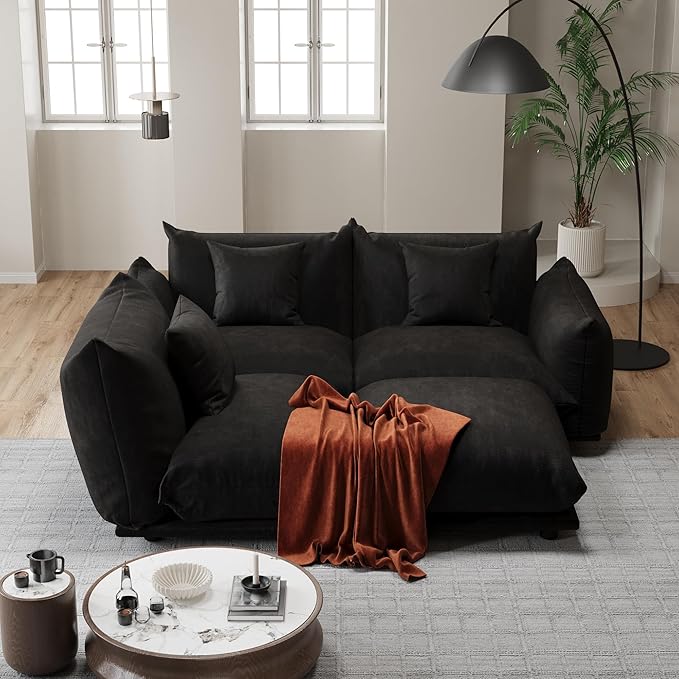 Modern Minimalist Chenille Modular Sectional Sofa, Deep-Seat 3-Seater L-Shaped Couch with Movable Ottoman and Thick Cushions, Upholstered Sofa for Living Room, Bedroom, Office, Apartment(Black L Sofa)