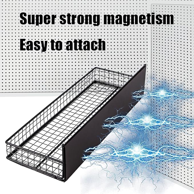 Magnetic Shelf for Fridge Magnetic Basket Organizer Wire Mesh Magnetic Holder Magnet Shelf Accessories for Office Kitchen Classroom Storage, Black-Low, 13.77" x 5.11" x 1.7