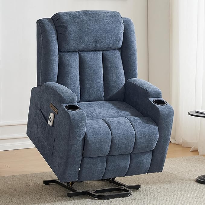Power Lift Recliner Chair for Elderly with Massage and Heat, Recliner Chairs for Adults, Upgraded Fabric Reclining Sofa Chair with USB & Type-C Ports and Side Pockets, L1188 (Blue)