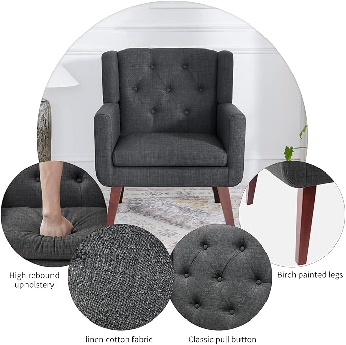 Accent Chair Button-Tufted Upholstered Living Room Chairs Comfy Reading Chair Mid Century Modern Chair with Linen Fabric Lounge Arm Chairs for Living Room Bedroom (Grey Set of 2)