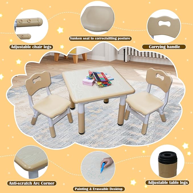Kids Table and 2 Chairs Set with Graffiti Desktop, Toddler Furniture Set, Non-Slip Table Children Study Desk, Dining Table, Height Adjustable Desk, Painting Desktop for Kids (23.6x23.6Inch)