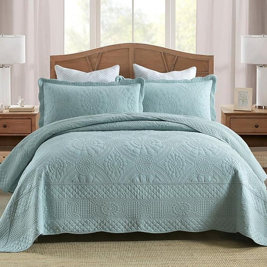 MarCielo 3-Piece 100% Cotton Oversized Bedspread Lightweight Quilt Coverlet Embroidery Farmhouse Bedding (Tf Aruba Blue, Oversized King (118"x106"))