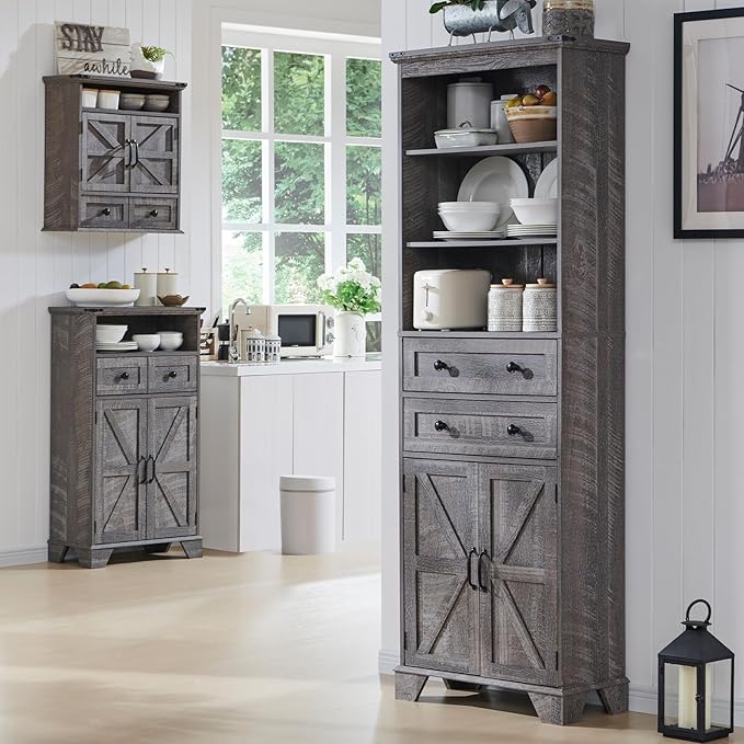Bathroom Storage Cabinet, 72" Tall Farmhouse Storage Cabinet with 2 Drawers, Adjustable Shelves & Barn Door, Cabinet for Bathroom, Living Room, Kitchen, Grey Wash