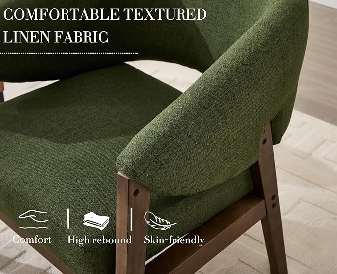 Mid-Century Modern Accent Chairs Set of 2, Comfy Barrel Armchairs with Wide Seat, Upholstered Lounge Chairs with Walnut Wood Legs for Living Room/Bedroom/Reading Corner, Linen Fabric, Deep Green