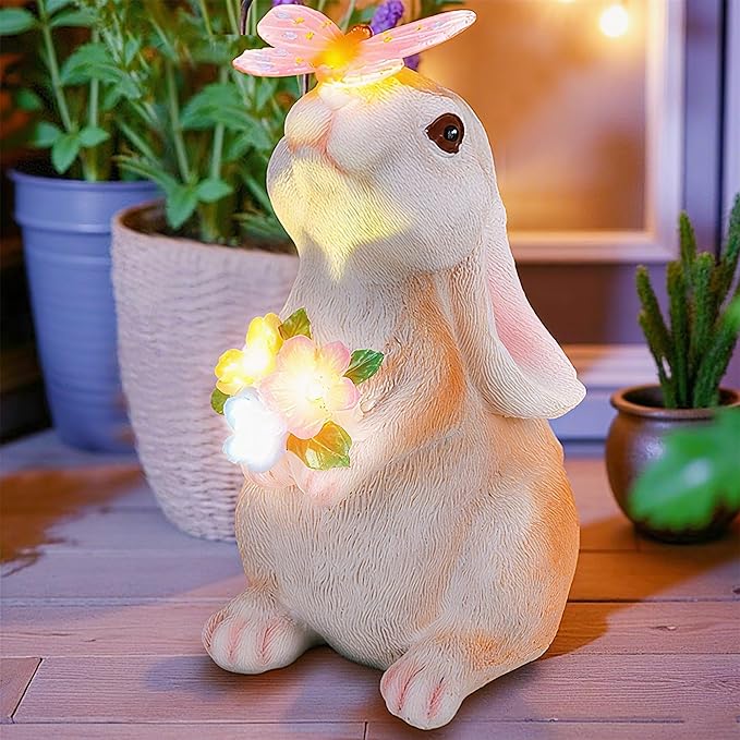 Vermeyen Solar Garden Statues Outdoor Decor-Yard Decorations for Patio,Balcony,Backyard,Lawn Ornaments-Easter Bunny Figurines with LED Light-Unique Birthday Gardening Gifts for Women,Mom,Grandma