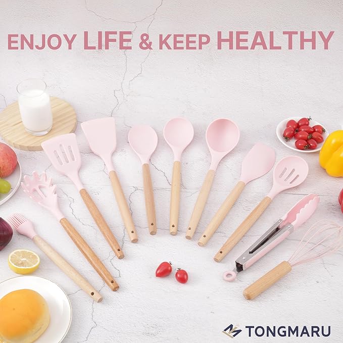 Silicone Cooking Utensils Set, Premium Beech Wood Handle Kitchen Gadgets Utensil Set, Non-Stick Kitchen Utensils Spatula, Tongs, Turner, Whisk, Brush, Spoon, BPA FREE, 446°F Resistant (Pink)