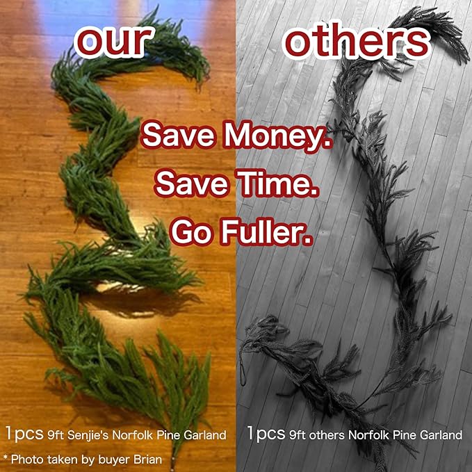 Senjie 6FT 2PCS Christmas Garlands Norfolk Pine Garland Real Touch Artificial Faux Greenery Garland for Holiday Indoor Outdoor Decor