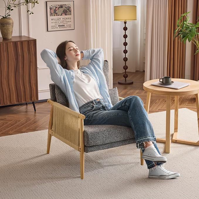 VINGLI Boho Braid Accent Armchairs Set of 2,Mid-Century Modern Chiars with Solid Wooden Armrest,Comfy Louge Cushion Chairs with Waist Pillow for Bedroom,Living Room,Reading Room, Gray