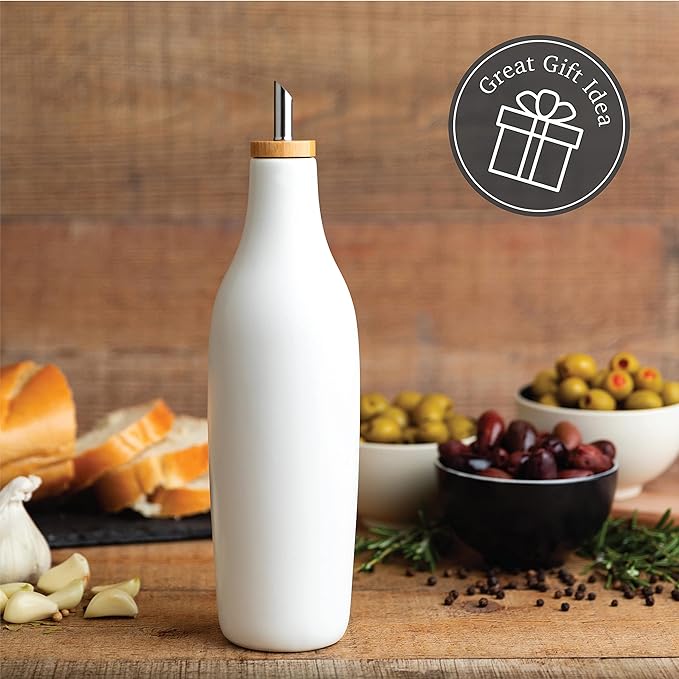 kitchentoolz Ceramic Olive Oil Dispenser Bottle - Vinegar EVOO Soy Sauce Holder - Minimalist White Kitchen Accessories - 16.9 oz Kitchen Oil Cruet Pour Bottle