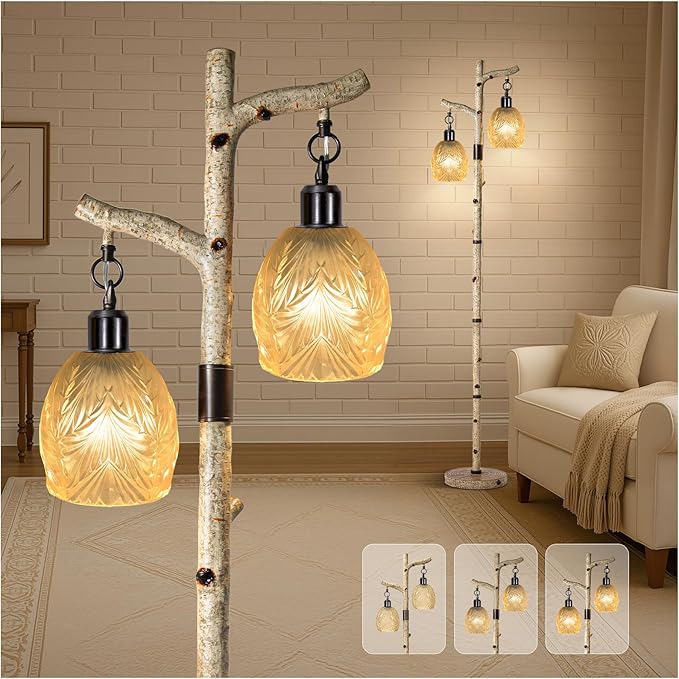 Scenekoy Retro 68.5” Tall Floor Lamp With Carving Shade, Farmhouse Resin Standing Lamp & Faux Birch Tree Finish, Dimmable Corner Lamp Stand Up Light with Bulb Prefer for Living Room Bedroom Home Decor