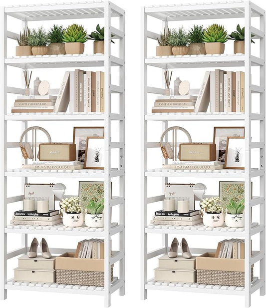 FOTOSOK 6-Tier Bamboo Shelf Set of 2, Bamboo Bookcase with Adjustable Shelves, Free Standing Storage Shelf Unit Plant Flower Stand, Tall Large White Bookshelf for Kitchen, Bathroom, Home Office, White