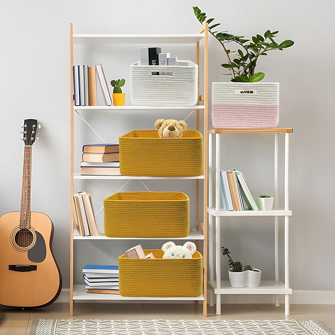 COMFY-HOMI Cotton Rope Woven Basket with Handles for Shelves,Toys,Book, Cloth Storage Baskets for Organizing-17" x 13" x 7.5" Toy Decorative Organizer for Living Room, Bathroom (Yellow)