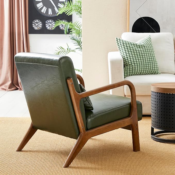 Glitzhome 2 Set Mid Century Hunter Green Accent Armchair, Single Reading Armchair PU Leather Lounge Chair with Walnut Ruberwood Frame