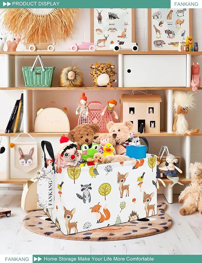 FANKANG Storage Bins, Nursery Hamper Canvas Laundry Basket Foldable with Waterproof PE Coating Large Storage Baskets for Kids Boys and Girls, Office, Bedroom, Clothes,Toys(Rec-deer)