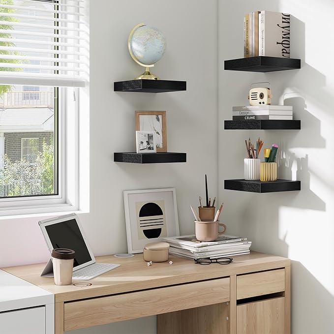 fuqing Floating Shelves for Wall, Bathroom Shelf Wall Mounted for Storage, Shelves with Invisible Bracket for Bedroom, Kitchen, Living Room, Farmhouse Small Book Shelf, 6.5 Inch Set of 3, Black