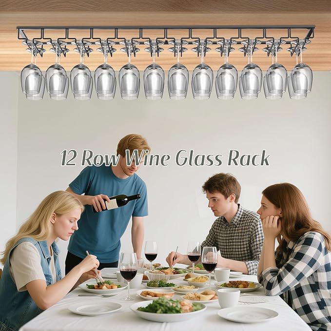 Xverycan Wine Glass Rack Under Cabinet, 12 Row Extreme Large Stemware Hanger, Metal Wine Goblet Holder, DIY Bar Glass Storage Rack for Bar Counter, Kitchen, Screws Included