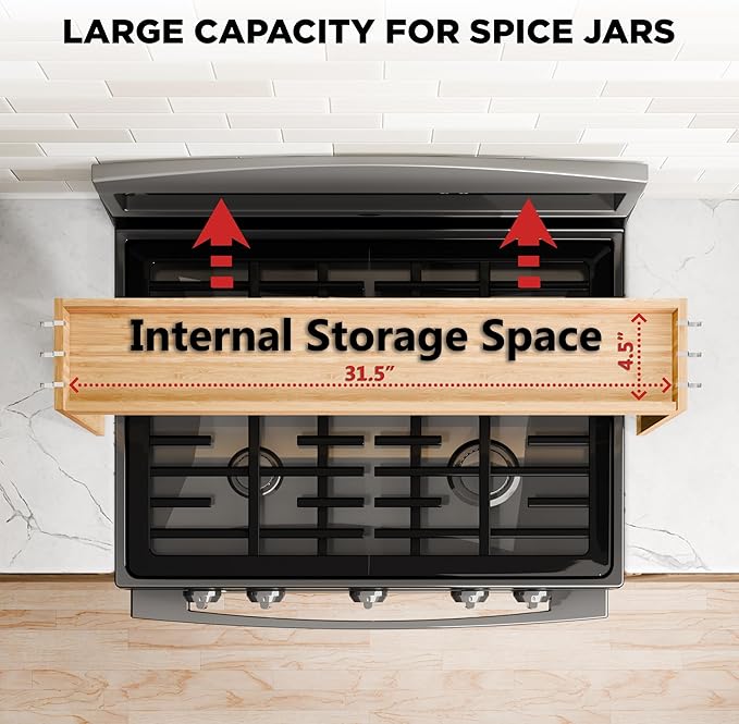 Edgecrest Bamboo Over The Stove or Sink Modern Spice Shelf, No Annoying Middle Screw, 31.5โ Wide Storage, 11.4โ High Countertop Shelf, 6 Side Hooks, Easy to Assemble, Eco-Friendly Durable Material