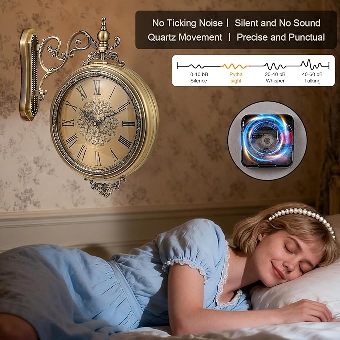 Large Vintage Double Sided Wall Clock with Glass & Metal, Roman and Arabic Numerals, Silent Non-Ticking Battery Operated Antique Clock for Living Room, Office, Hallway Decor (15x18.5 Inch)