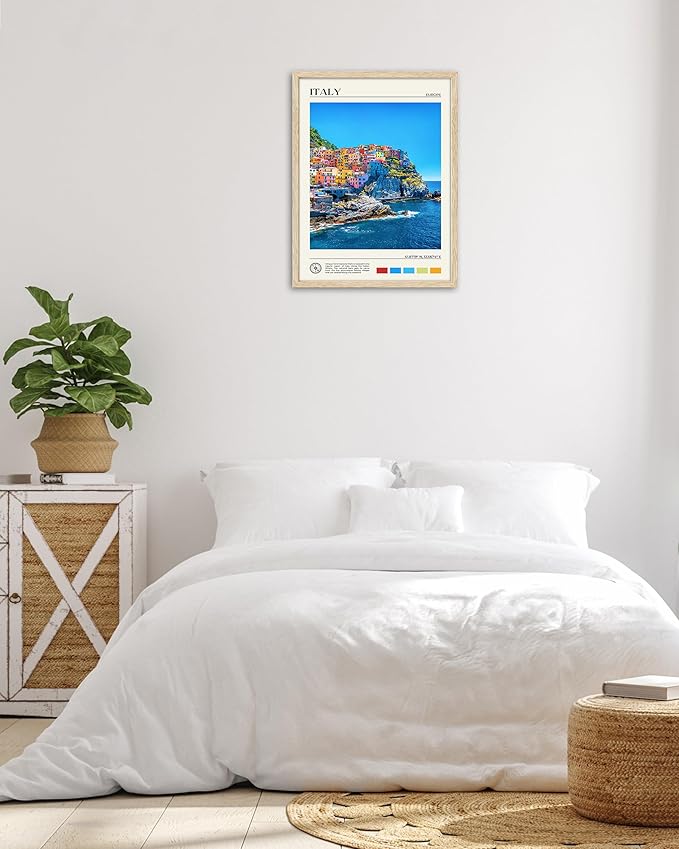 HesenDot Natural OAK Wood Framed Cinque Terre National Park Wall Art,12x16in Italian Natural Seascape Canvas Wall Print,Classic Urban Landmark Wall Decor for Living Room, Bedroom,Office Set of 1