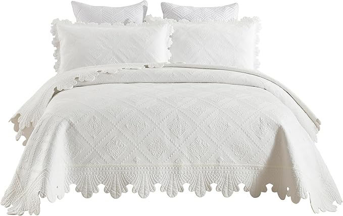 MarCielo 3-Piece 100% Cotton Oversized Bedspread Lightweight Quilt Coverlet Embroidery Farmhouse Bedding Set (TK White, Oversized Queen (100"x106"))