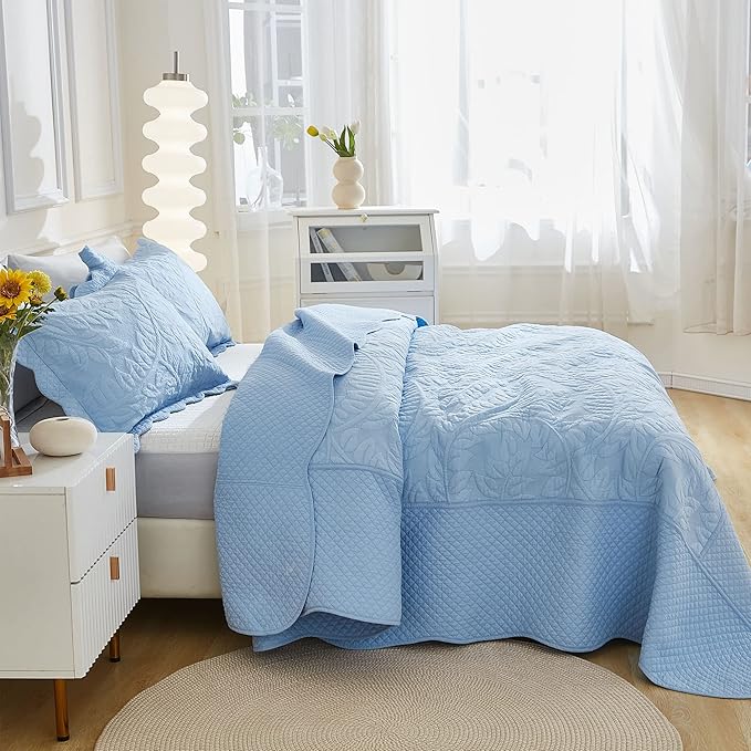 MarCielo 3-Piece 100% Cotton Oversized Bedspread Lightweight Quilt Coverlet Embroidery Farmhouse Bedding Set T0 (Light Blue, Twin (68"x86"))