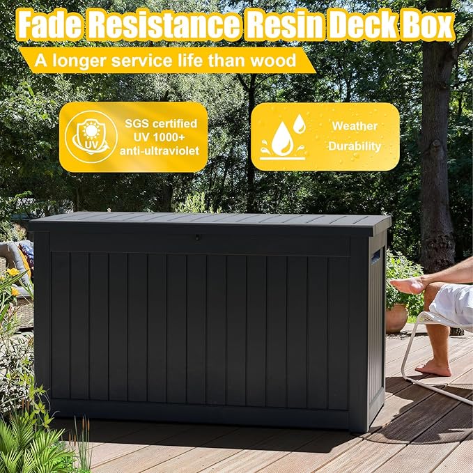 Vixzen 230 Gallon Resin Deck Box, Lockable Outdoor Storage Box for Patio Cushions Storage Furniture,Garden Tools, Pool Supplies, Weatherproof and UV Resistant- Black